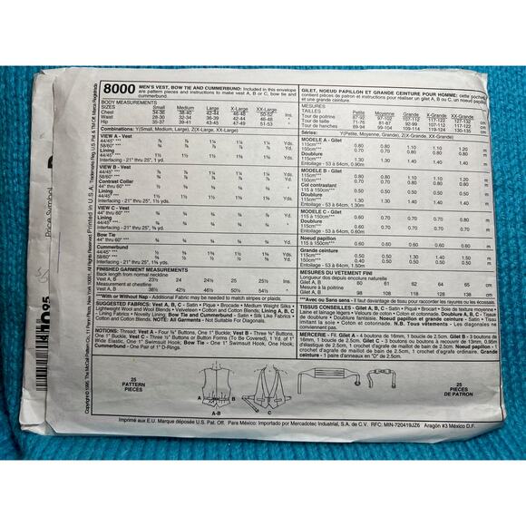 McCalls 8000 mens vest bow tie cummerbund pattern size Small Medium - Picture 3 of 6